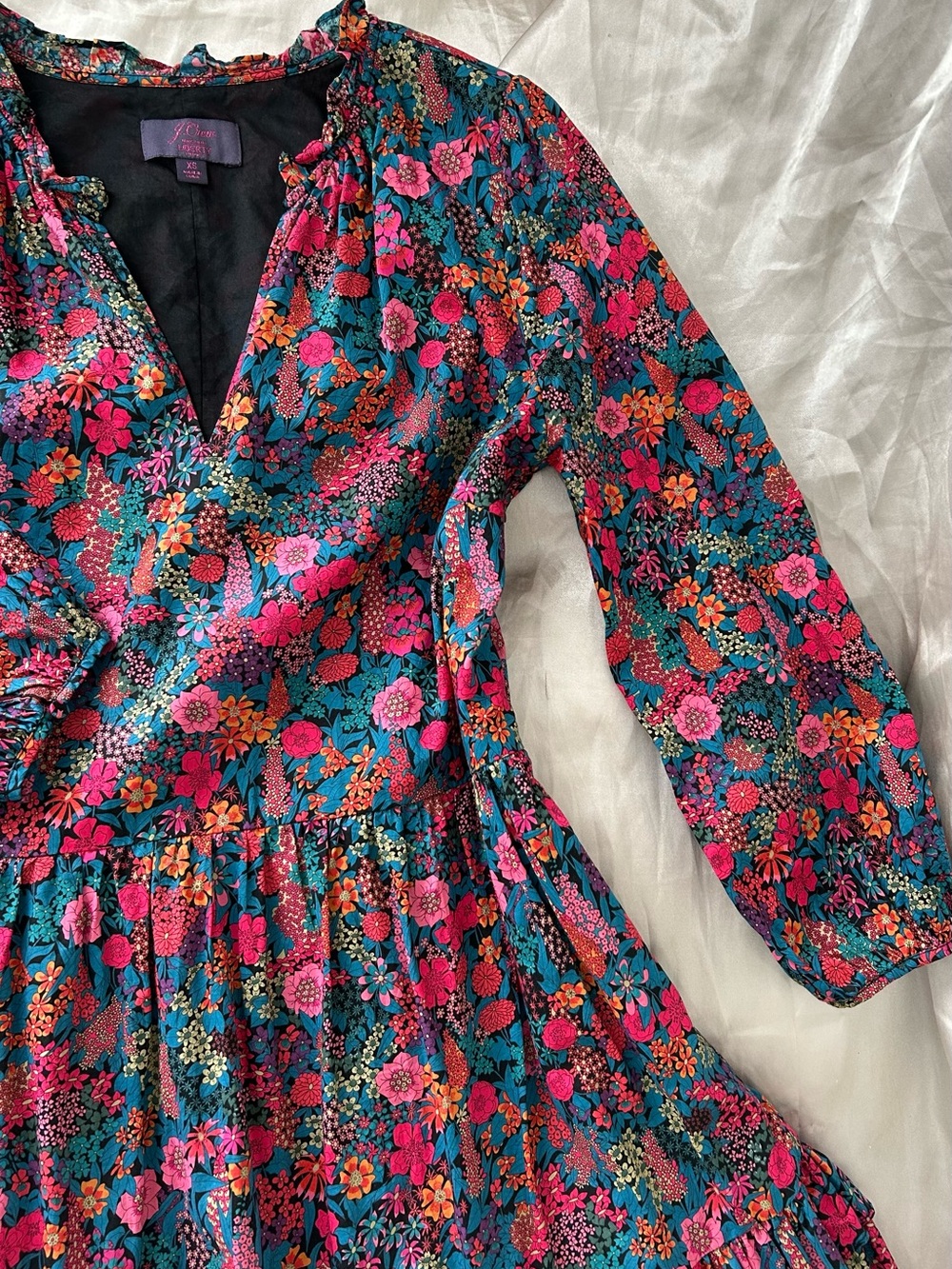 Cotton long sleeve Floral Tiered Dress with Pockets in Teal & Pink - J. Crew